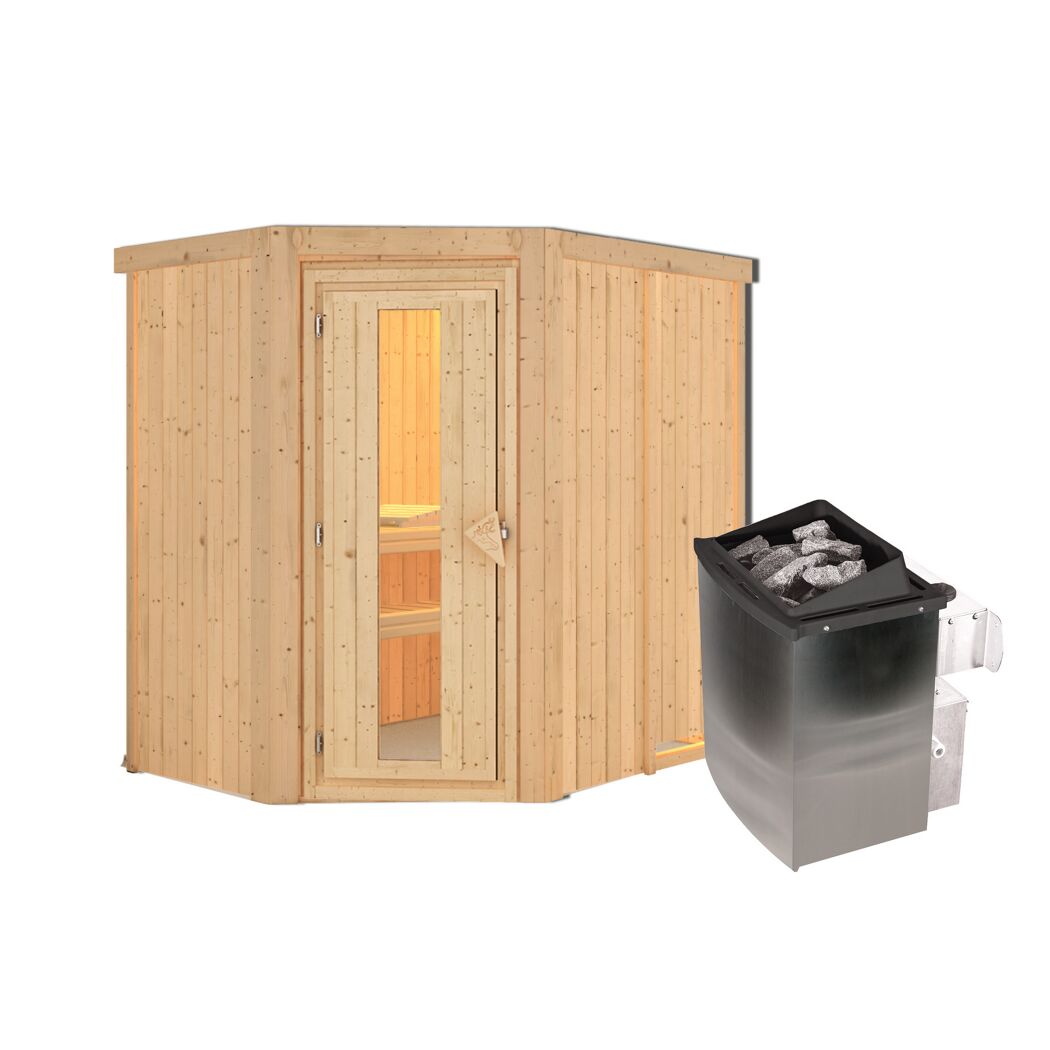 Eck-Sauna aus hellem Holz mit Saunaofen