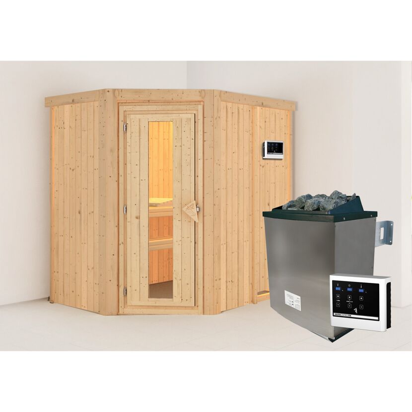 Elementsauna 'Alba' naturbelassen mit Energiespartür 9 kW Ofen externe Steuerung Easy 151 x 196 x 198 cm