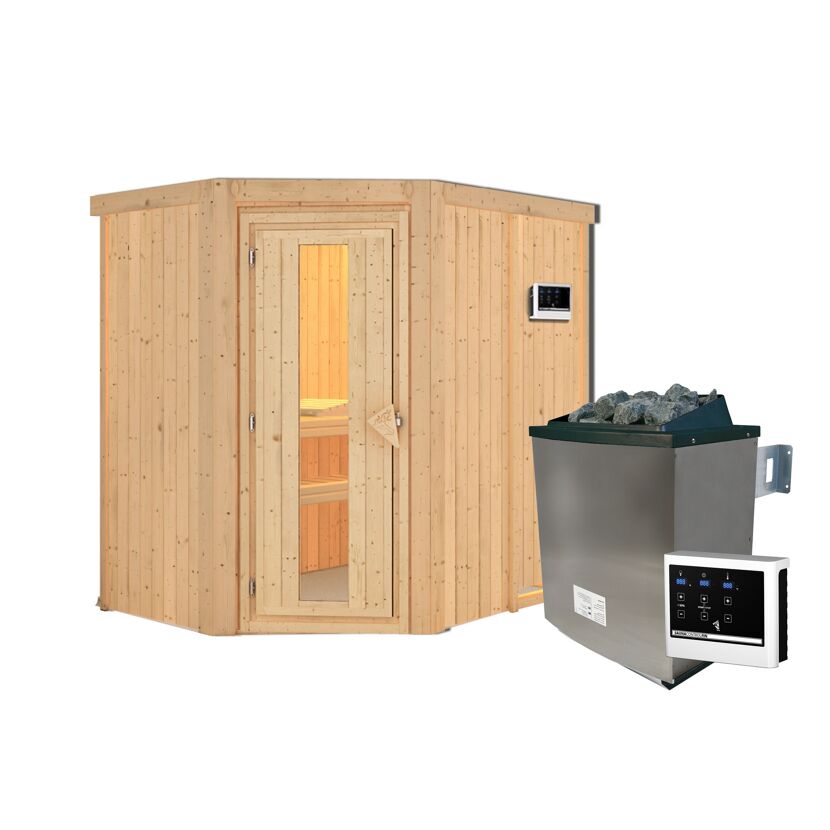 Elementsauna 'Alba' naturbelassen mit Energiespartür 9 kW Ofen externe Steuerung Easy 151 x 196 x 198 cm