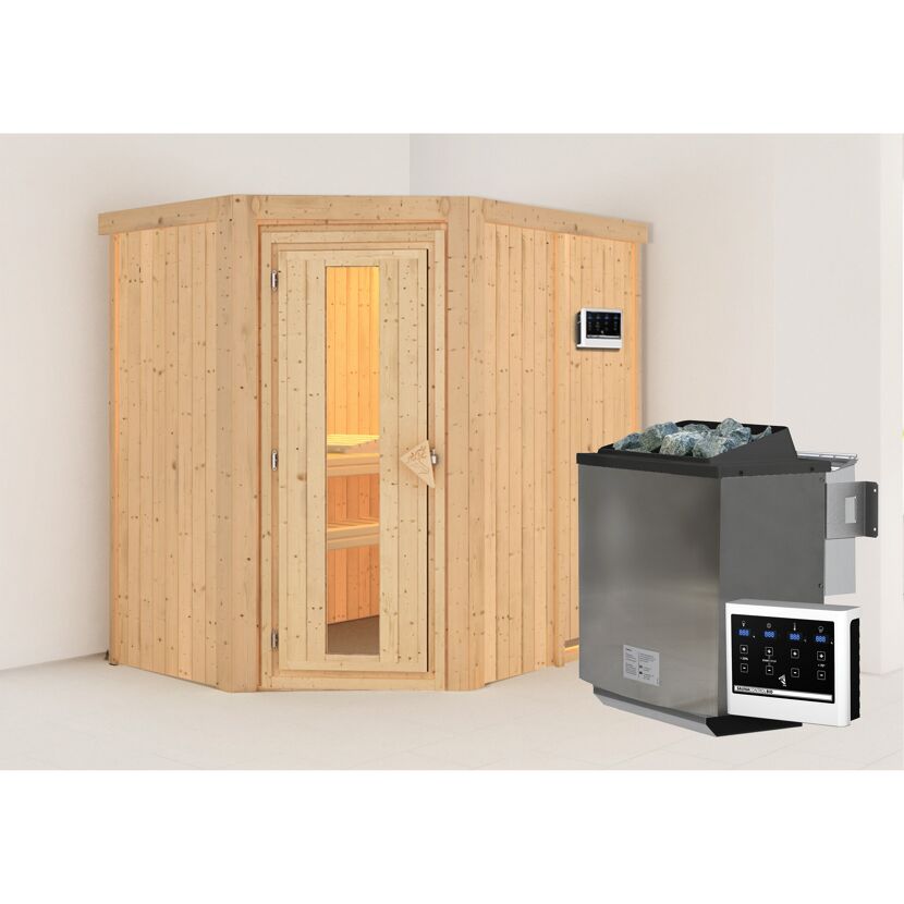 Elementsauna 'Alba' naturbelassen mit Energiespartür 9 kW Bio-Ofen externe Steuerung Easy 151 x 196 x 198 cm