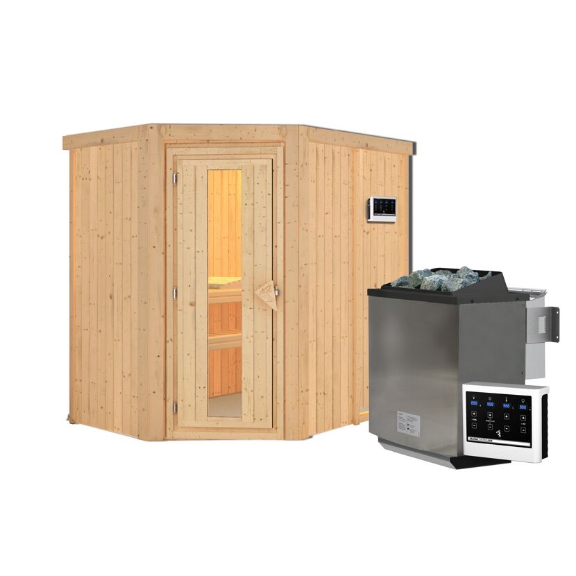 Elementsauna 'Alba' naturbelassen mit Energiespartür 9 kW Bio-Ofen externe Steuerung Easy 151 x 196 x 198 cm