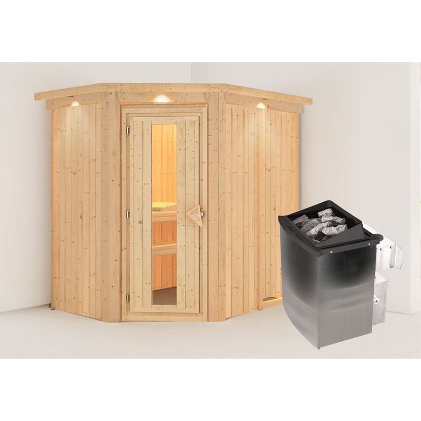 Ecksauna Alba aus Holz mit Saunaofen