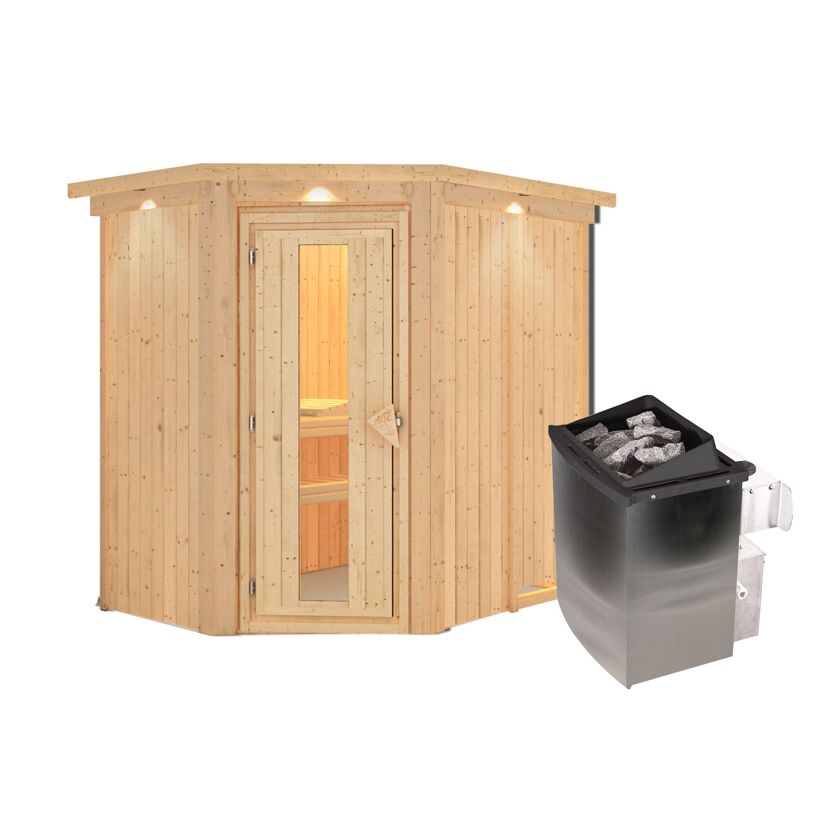 Eck-Sauna aus Holz mit Saunaofen