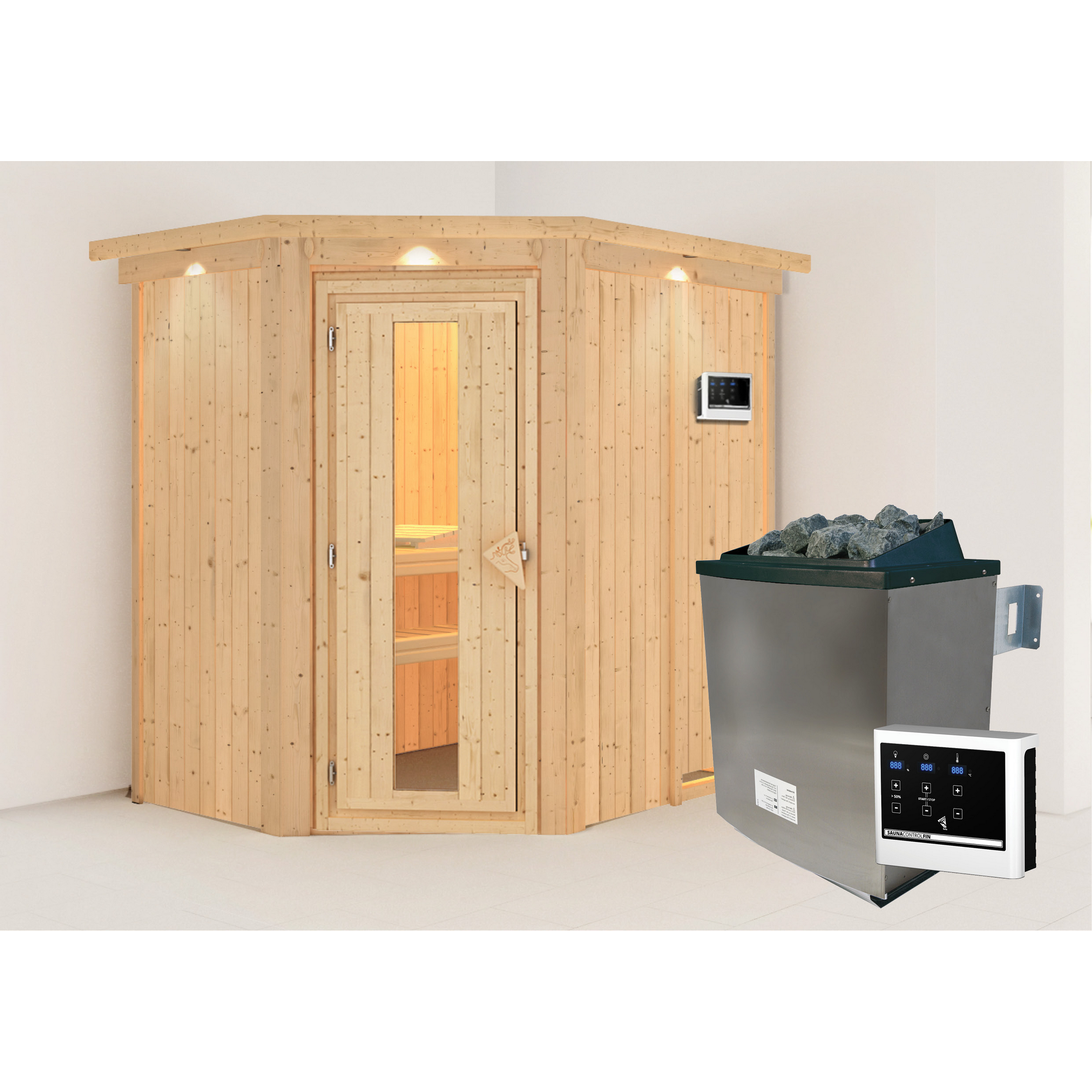 Elementsauna 'Alba' naturbelassen mit Kranz und Energiespartür 9 kW Ofen externe Steuerung Easy 165 x 210 x 202 cm