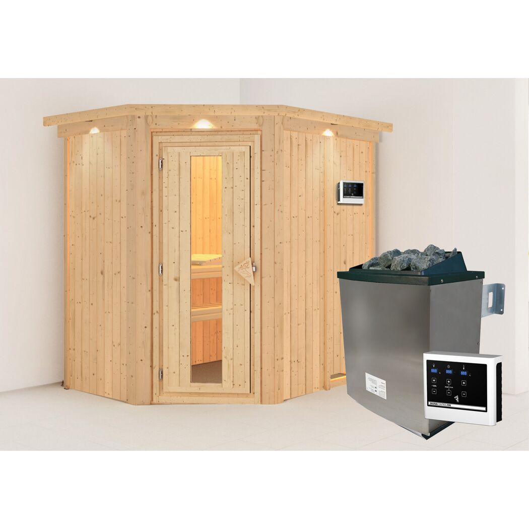 Elementsauna 'Alba' naturbelassen mit Kranz und Energiespartür 9 kW Ofen externe Steuerung Easy 165 x 210 x 202 cm