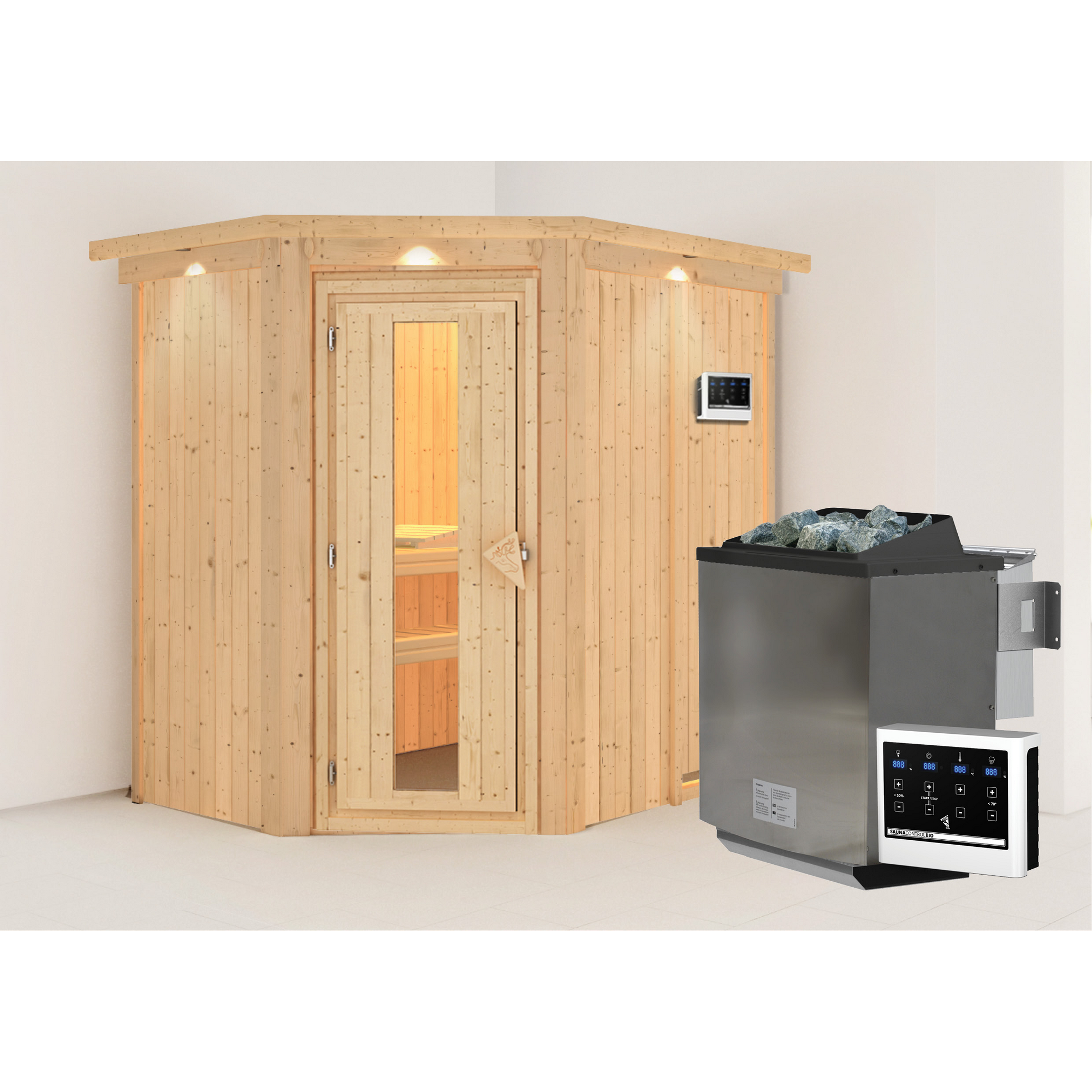Elementsauna 'Alba' naturbelassen mit Kranz und Energiespartür 9 kW Bio-Ofen externe Steuerung Easy 165 x 210 x 202 cm