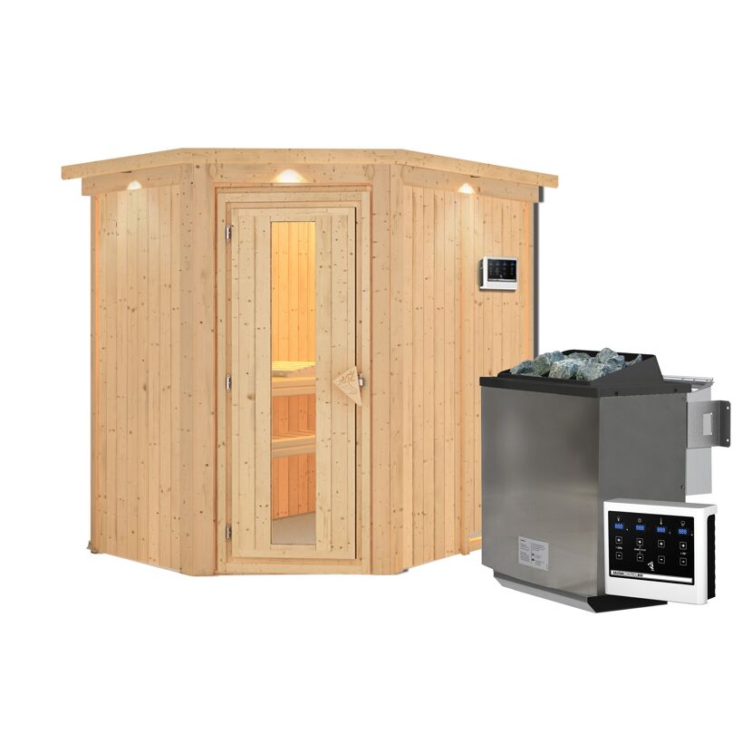 Eck-Sauna aus Holz mit Saunaofen