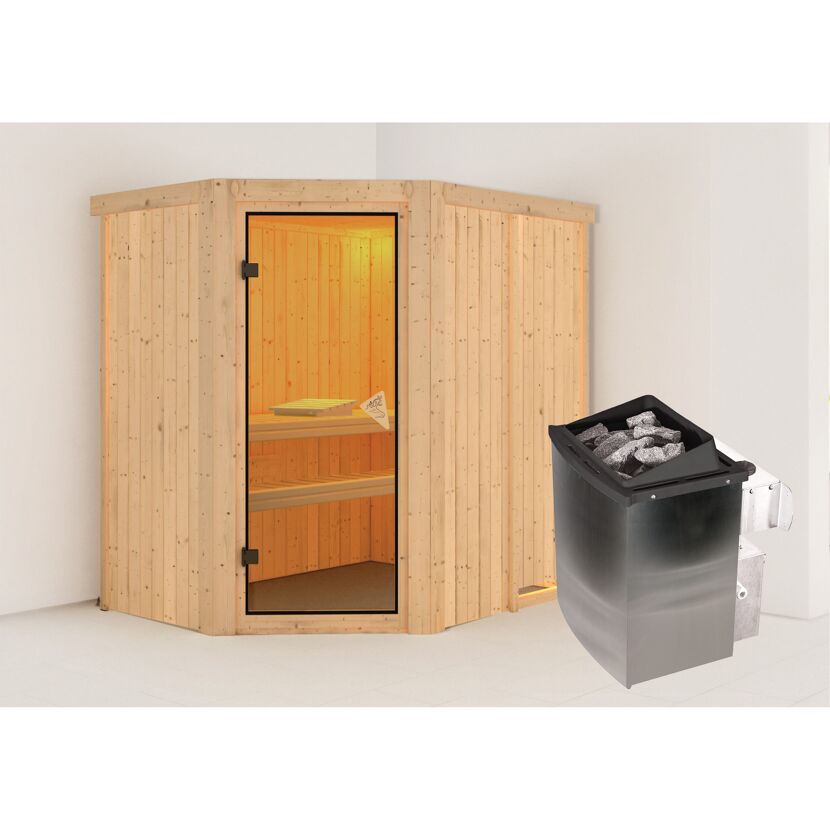Ecksauna aus hellem Holz mit Saunaofen