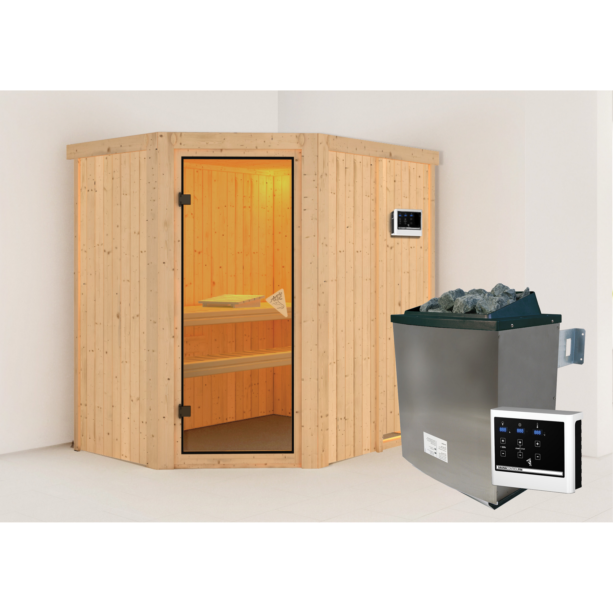 Elementsauna 'Alba' naturbelassen 9 kW Ofen Edelstahl externe Steuerung Easy 151 x 196 x 198 cm + product picture