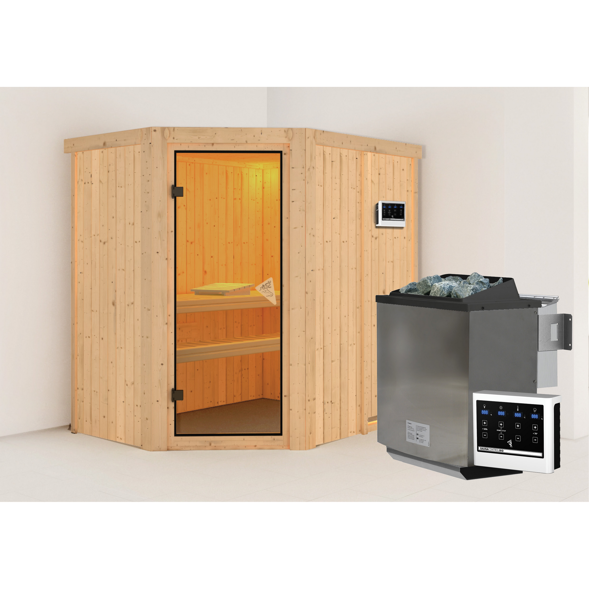 Elementsauna 'Alba' naturbelassen 9 kW Bio-Ofen Edelstahl externe Steuerung Easy 151 x 196 x 198 cm