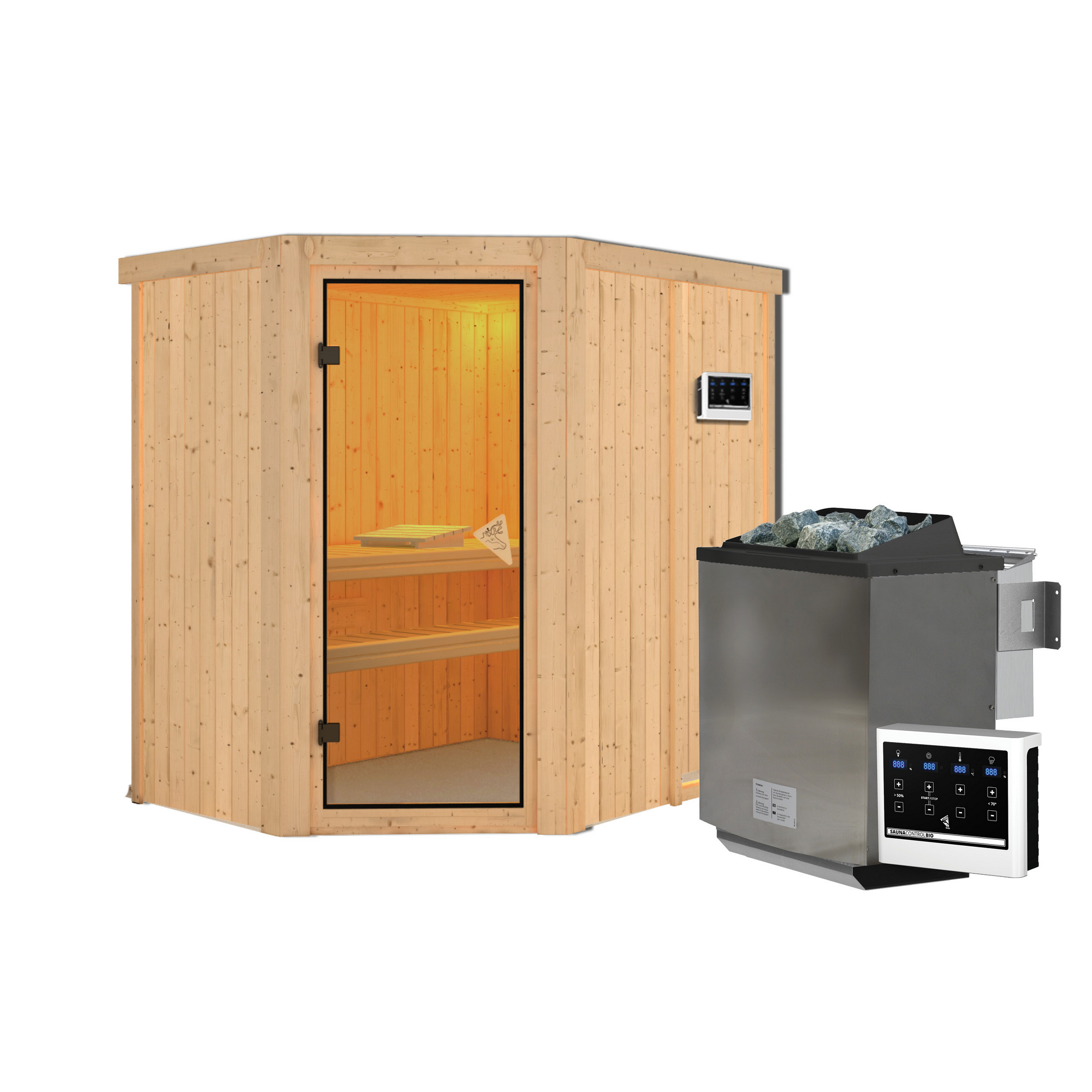 Elementsauna 'Alba' naturbelassen 9 kW Bio-Ofen Edelstahl externe Steuerung Easy 151 x 196 x 198 cm