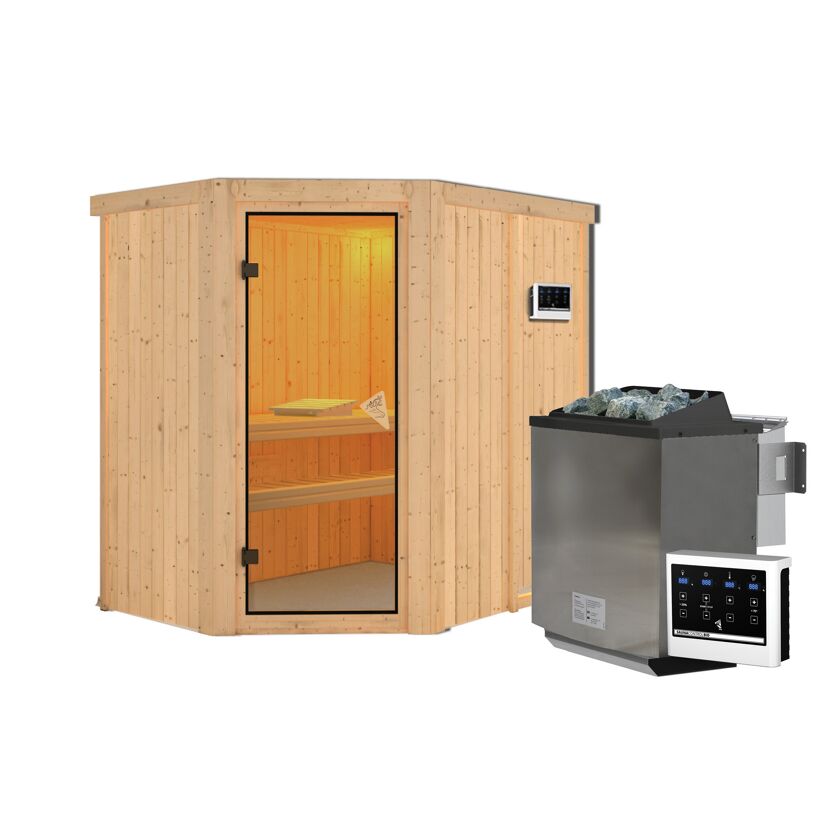 Elementsauna 'Alba' naturbelassen 9 kW Bio-Ofen Edelstahl externe Steuerung Easy 151 x 196 x 198 cm