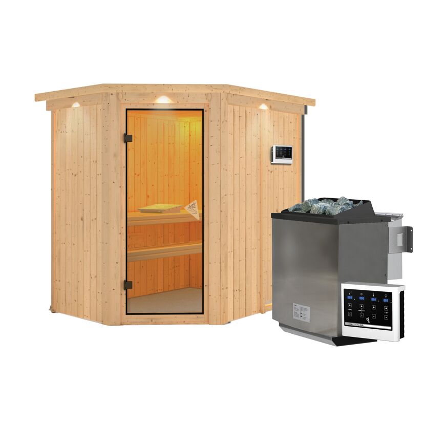 Eck-Sauna aus Holz mit Saunaofen