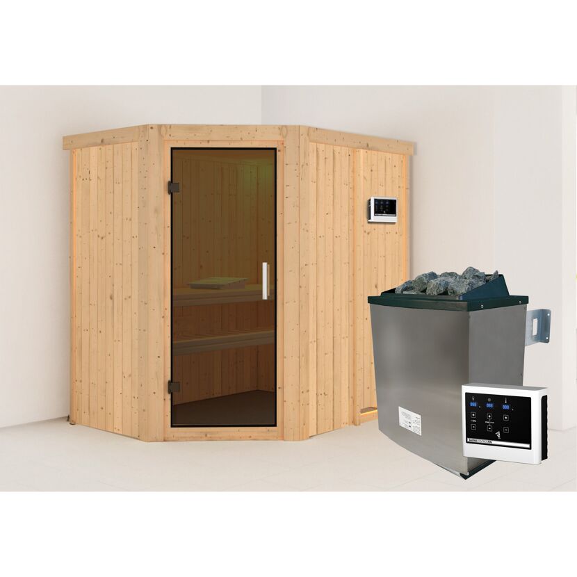 Elementsauna 'Alba' naturbelassen mit graphitfarbener Tür 9 kW Ofen externe Steuerung Easy 151 x 196 x 198 cm