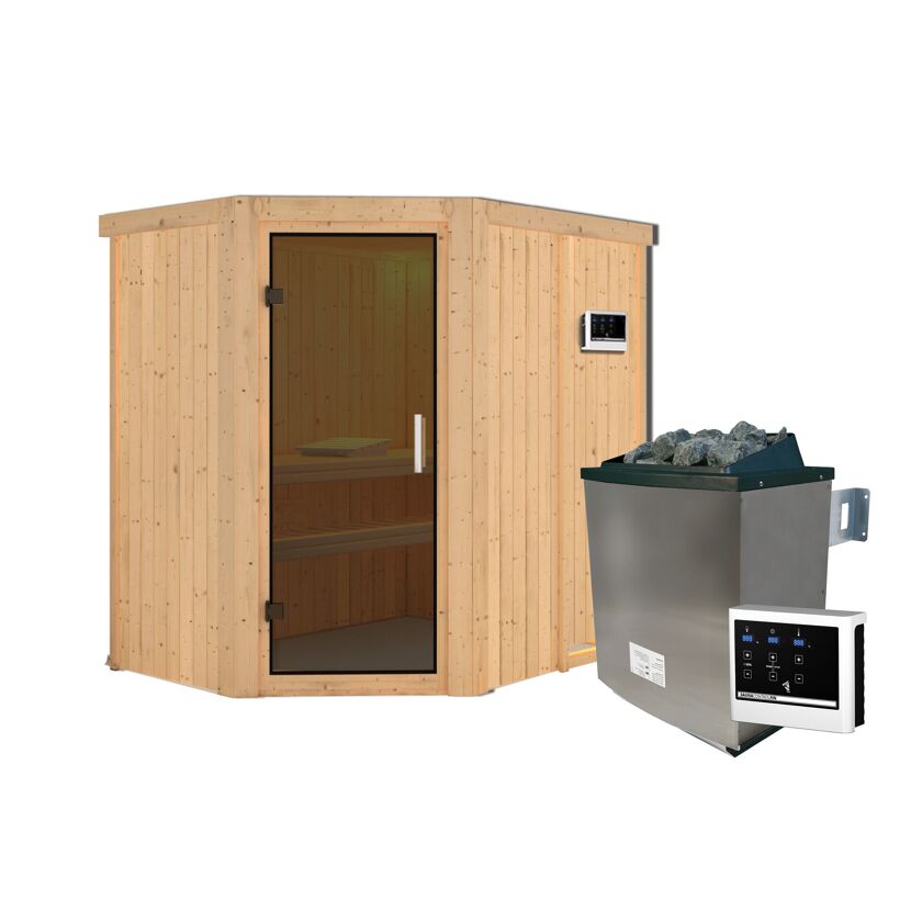 Elementsauna 'Alba' naturbelassen mit graphitfarbener Tür 9 kW Ofen externe Steuerung Easy 151 x 196 x 198 cm