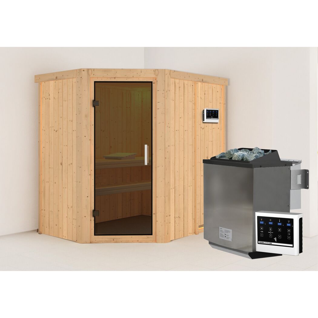 Elementsauna 'Alba' naturbelassen mit graphitfarbener Tür 9 kW Bio-Ofen externe Steuerung Easy 151 x 196 x 198 cm
