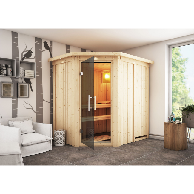 Bild von Elementsauna 'Alba' naturbelassen mit Kranz und graphitfarbener Tür 165 x 210 x 202 cm
