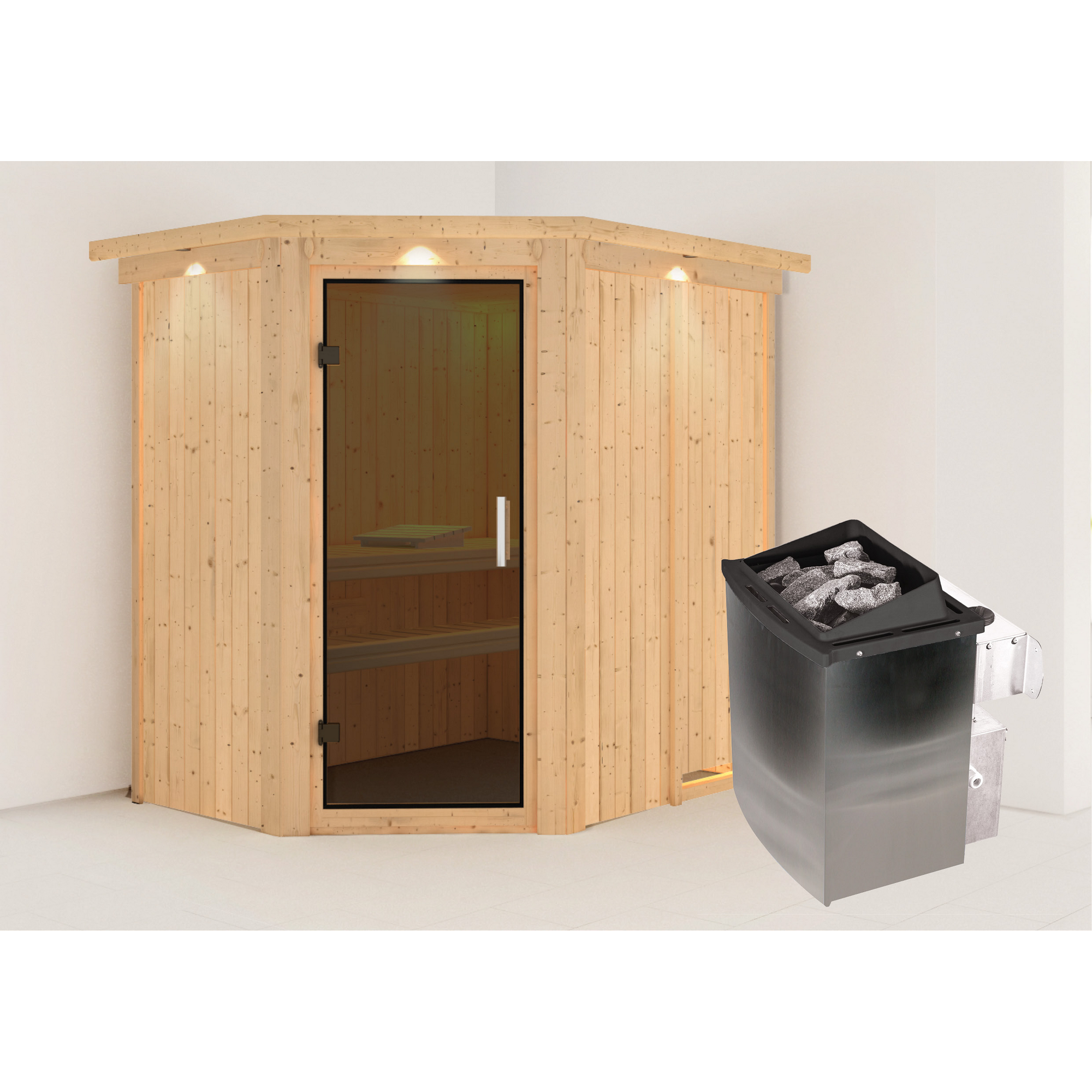 Eck-Sauna aus Holz mit Saunaofen