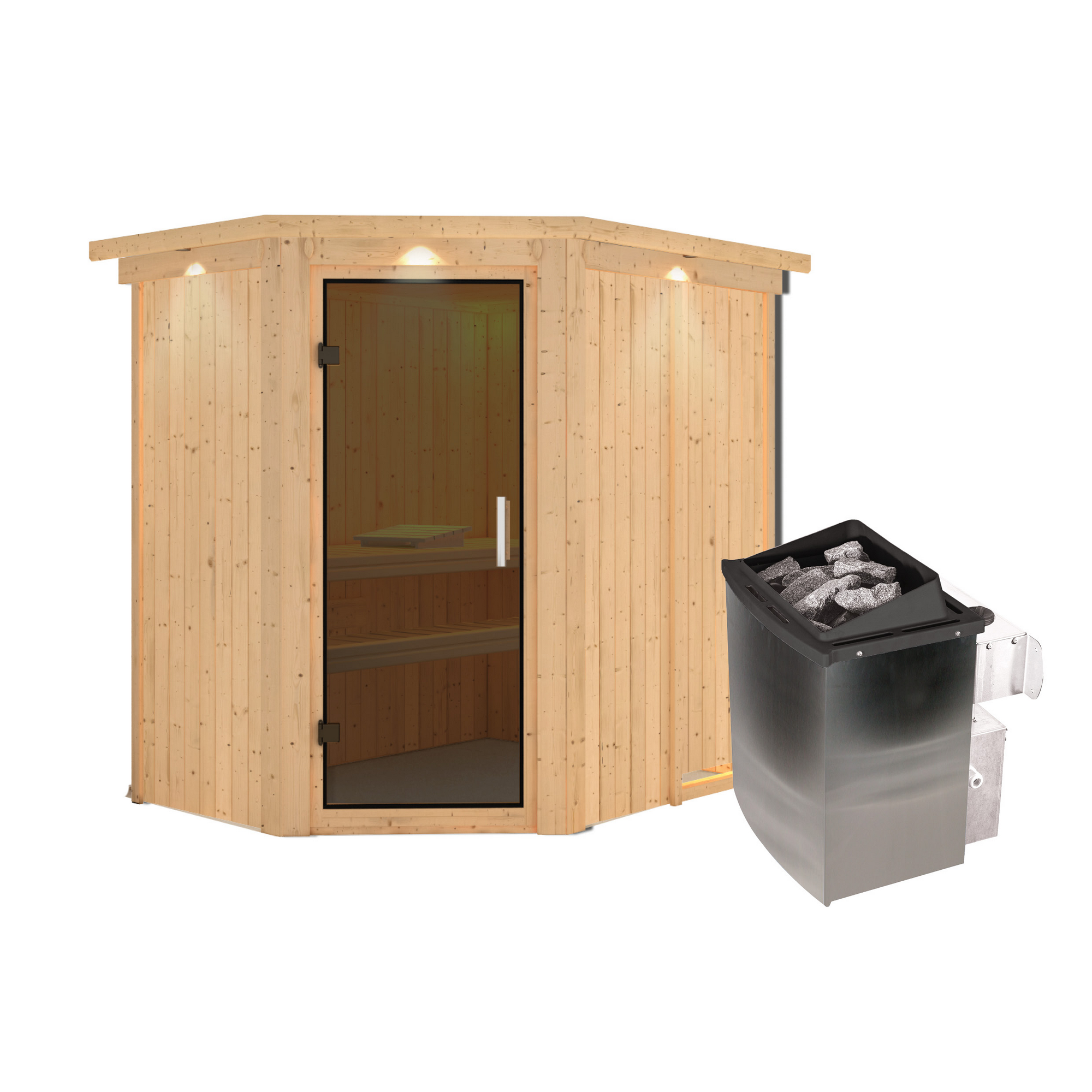 Eck-Sauna aus Holz mit Saunaofen