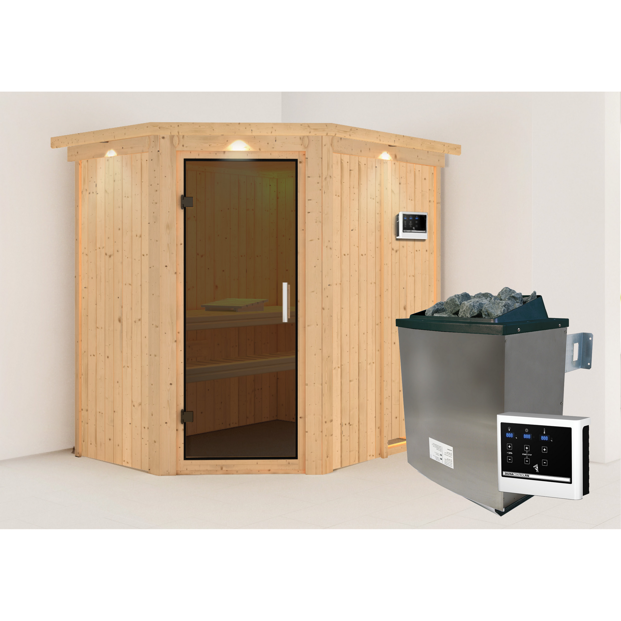 Eck-Sauna aus Holz mit Saunaofen und Steuergerät