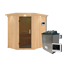 Eck-Sauna aus hellem Holz mit Saunaofen