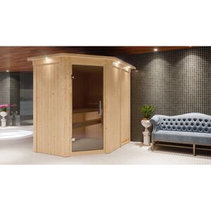 Elementsauna 'Alba' naturbelassen mit Kranz und graphitfarbener Tür 9 kW Bio-Ofen externe Steuerung Easy 165 x 210 x 202 cm