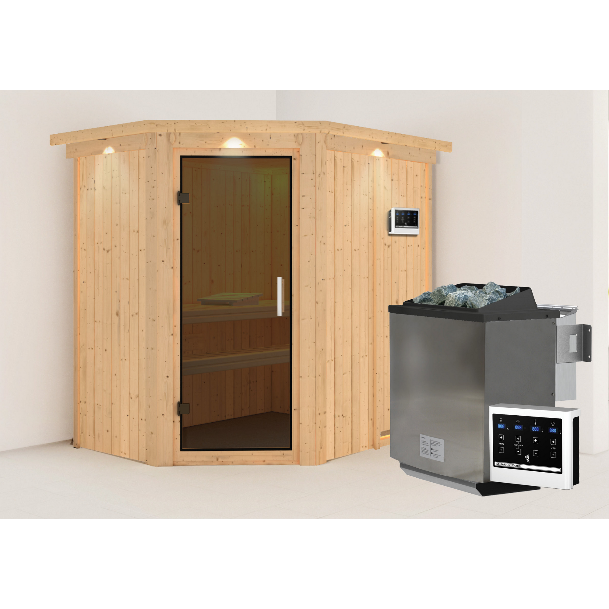 Elementsauna 'Alba' naturbelassen mit Kranz und graphitfarbener Tür 9 kW Bio-Ofen externe Steuerung Easy 165 x 210 x 202 cm