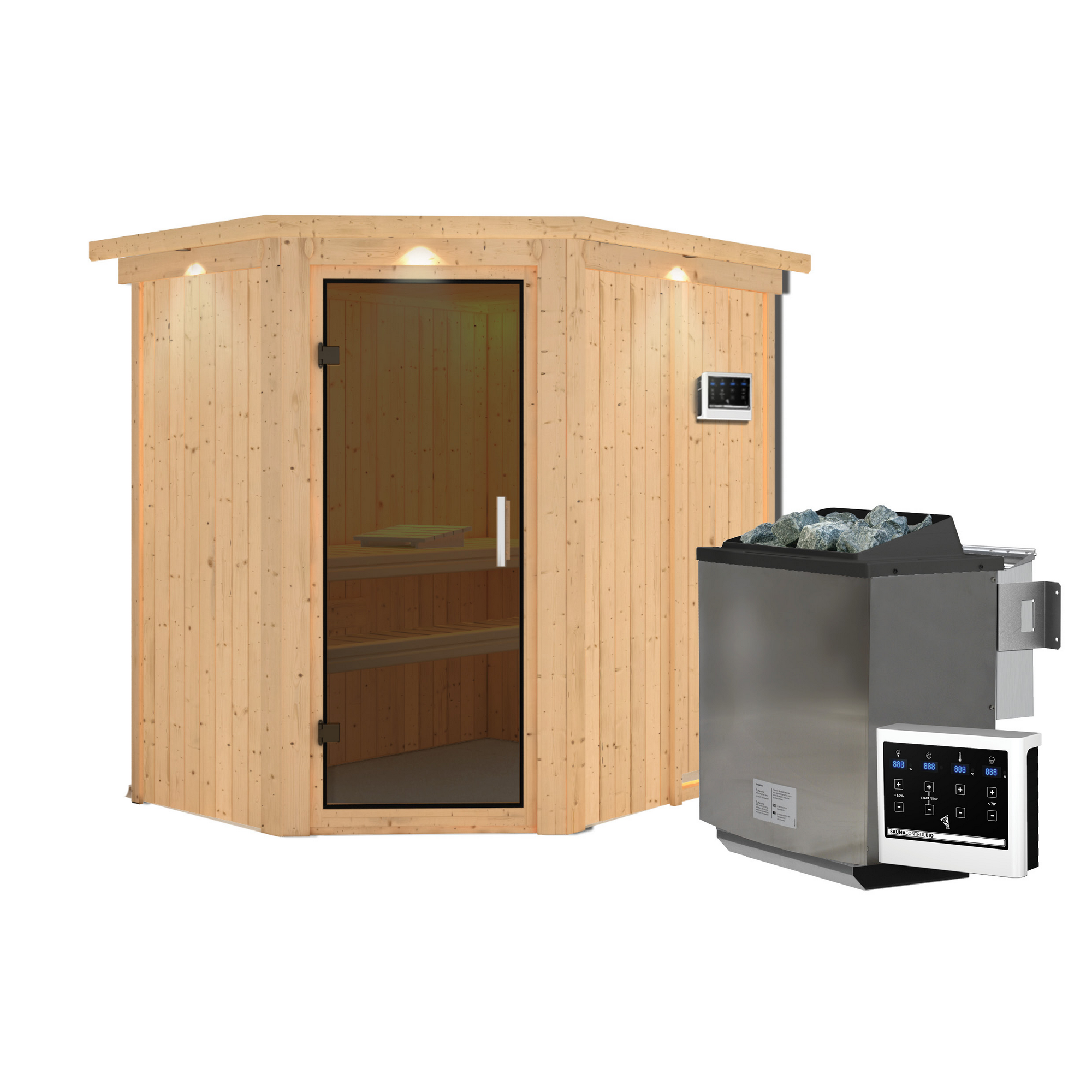 Elementsauna 'Alba' naturbelassen mit Kranz und graphitfarbener Tür 9 kW Bio-Ofen externe Steuerung Easy 165 x 210 x 202 cm