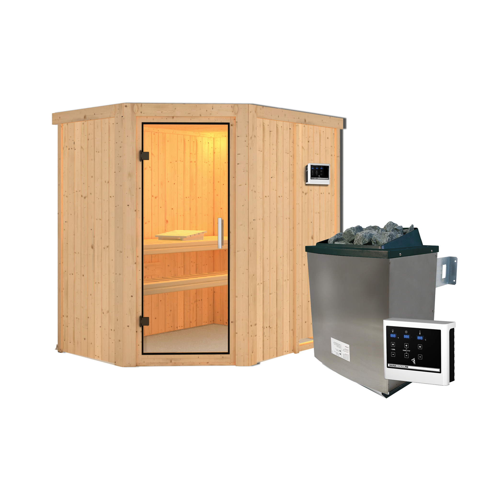 Elementsauna 'Alba' naturbelassen mit Klarglastür 9 kW Ofen externe Steuerung easy 151 x 196 x 198 cm