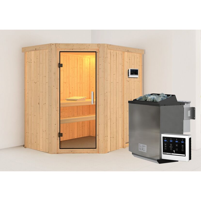 Ecksauna Alba aus hellem Holz mit Saunaofen
