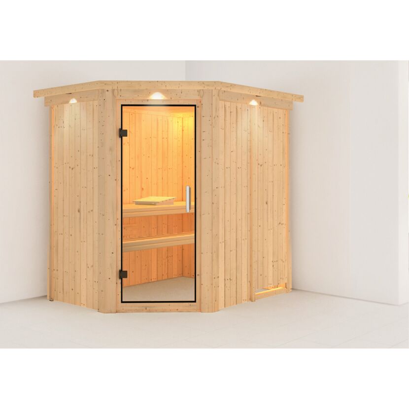 Elementsauna 'Alba' naturbelassen mit Klarglastür und Kranz 165 x 210 x 202 cm