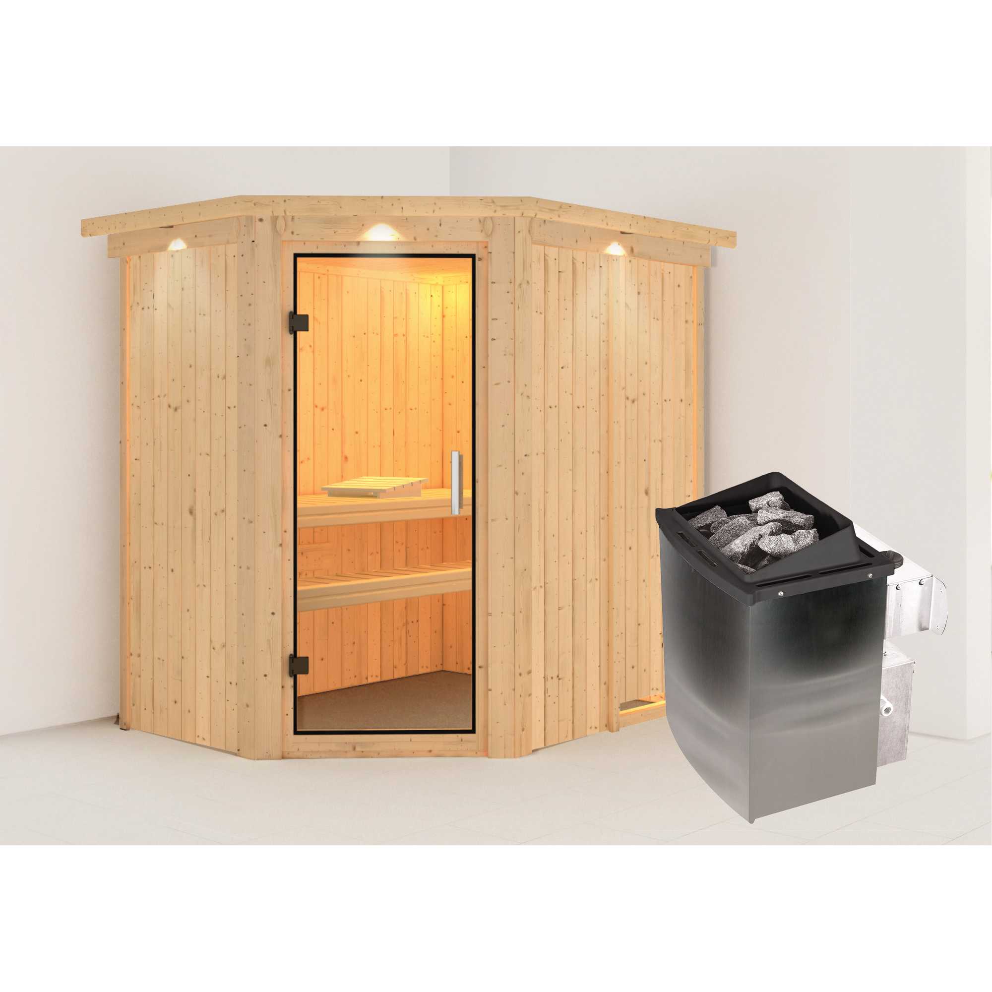 Elementsauna 'Alba' naturbelassen mit Kranz und Klarglastür 9 kW Ofen integrierte Steuerung 165 x 210 x 202 cm