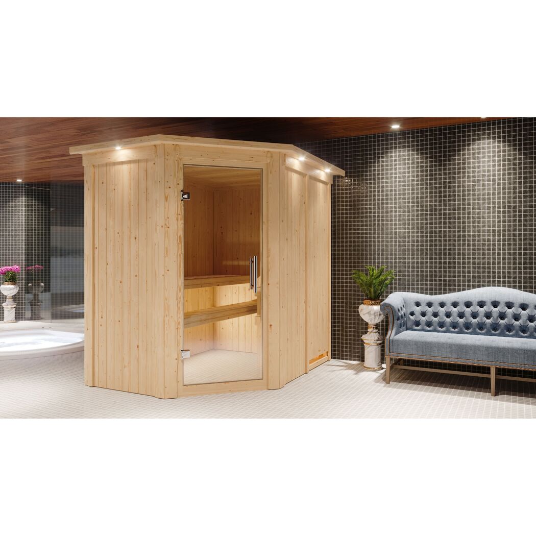 Elementsauna 'Alba' naturbelassen mit Kranz und Klarglastür 9 kW Ofen externe Steuerung easy 165 x 210 x 202 cm