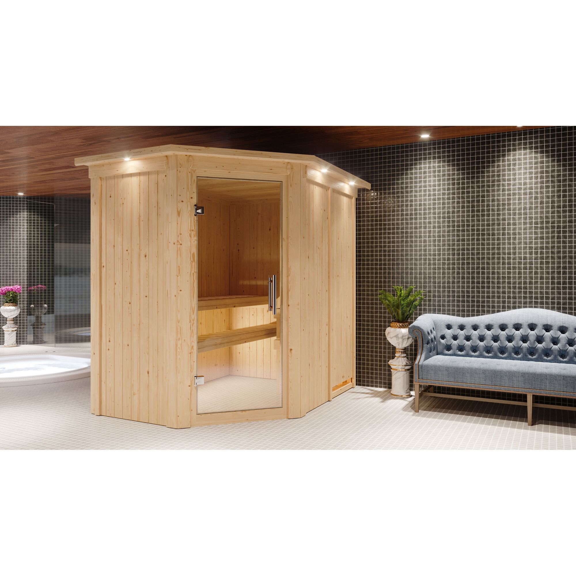 Eck-Sauna aus hellem Holz mit Glastür