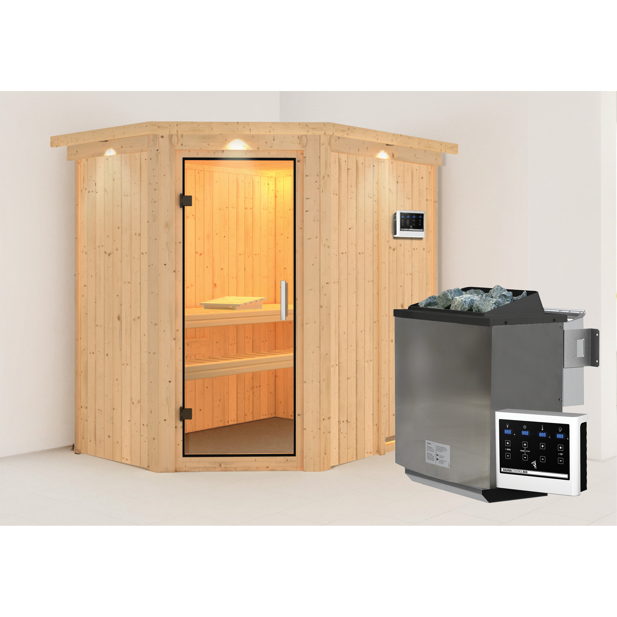 Elementsauna 'Alba' naturbelassen mit Kranz und Klarglastür 9 kW Bio-Ofen externe Steuerung easy 165 x 210 x 202 cm