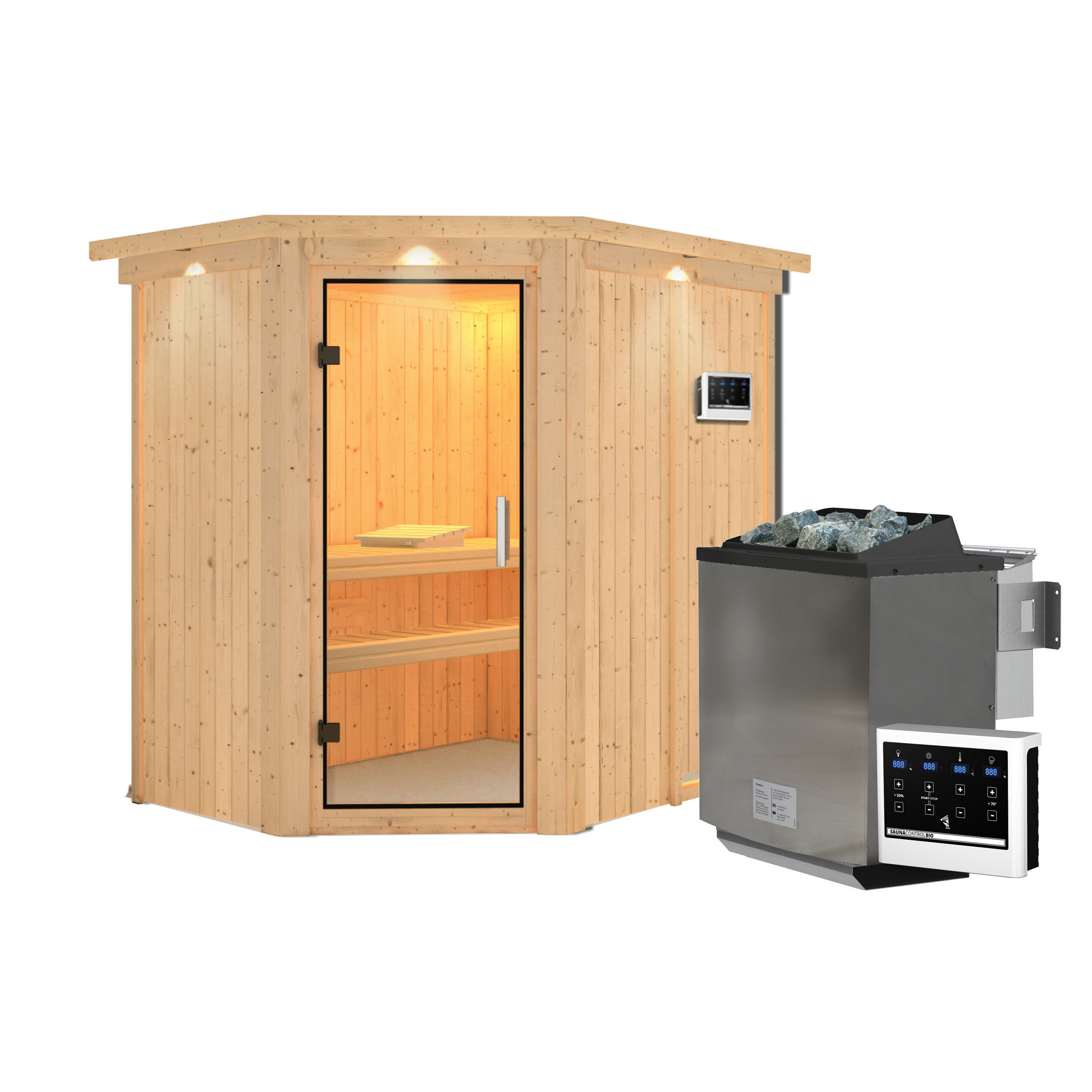 Elementsauna 'Alba' naturbelassen mit Kranz und Klarglastür 9 kW Bio-Ofen externe Steuerung easy 165 x 210 x 202 cm