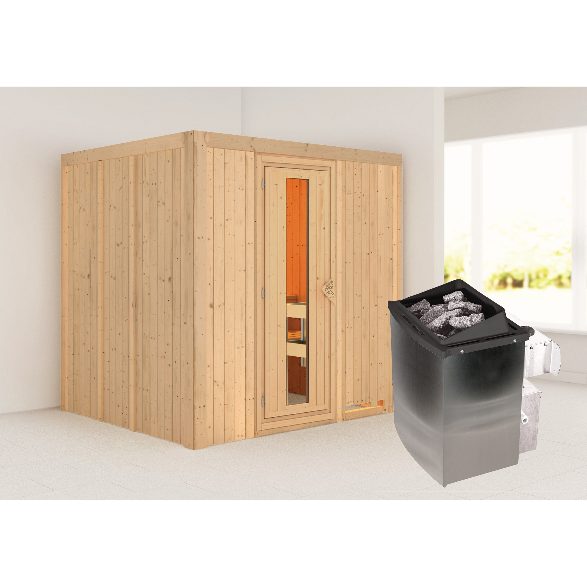 Sauna aus hellem Holz mit Saunaofen