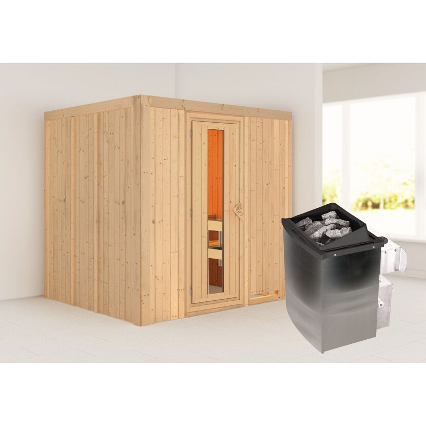 Sauna aus hellem Holz mit Saunaofen