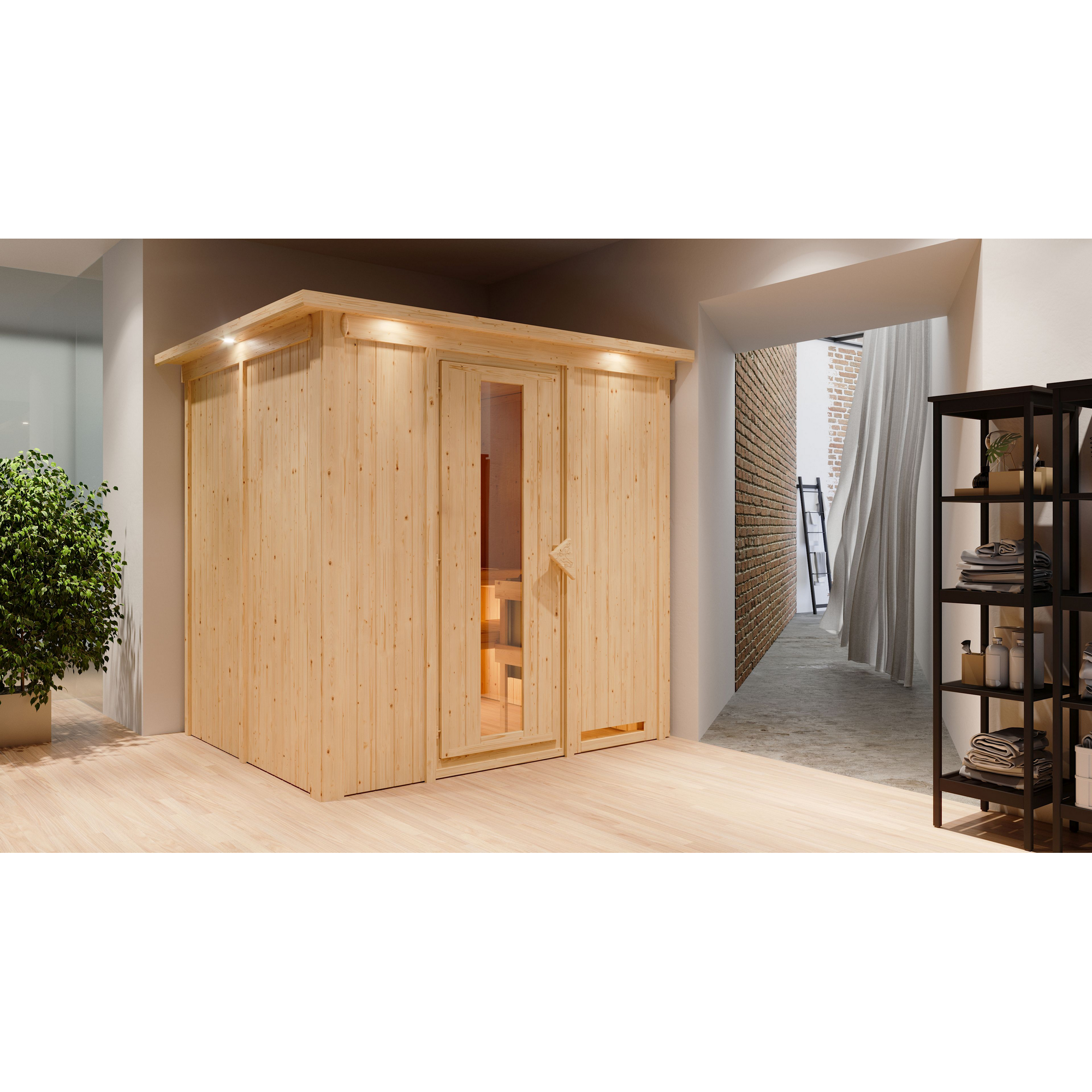 Elementsauna 'Alejandra' naturbelassen mit Kranz und Energiespartür 9 kW Ofen integrierte Steuerung 210 x 184 x 202 cm + product picture