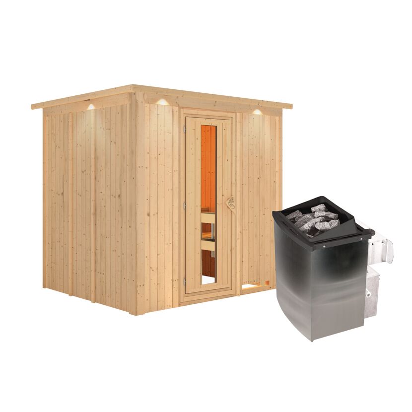 Sauna aus hellem Holz mit Saunaofen