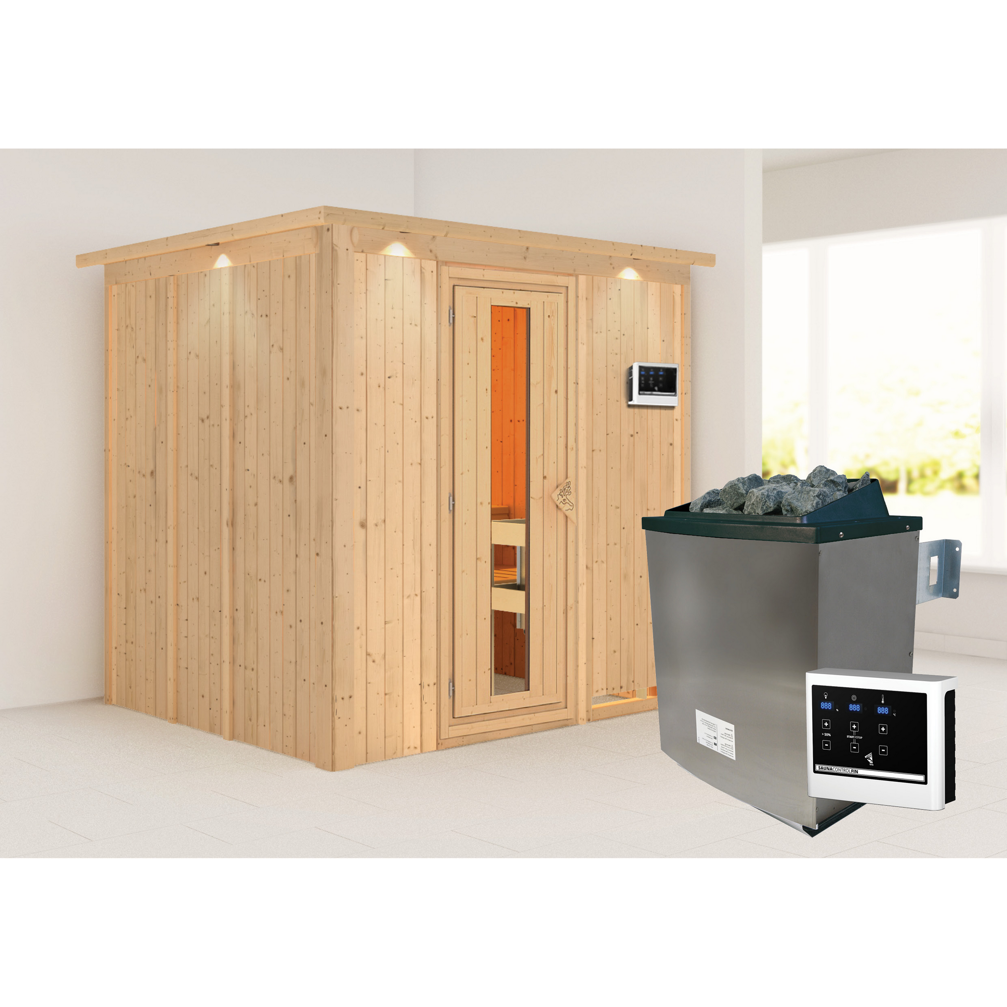 Elementsauna 'Alejandra' naturbelassen mit Kranz und Energiespartür 9 kW Ofen externe Steuerung Easy 210 x 184 x 202 cm