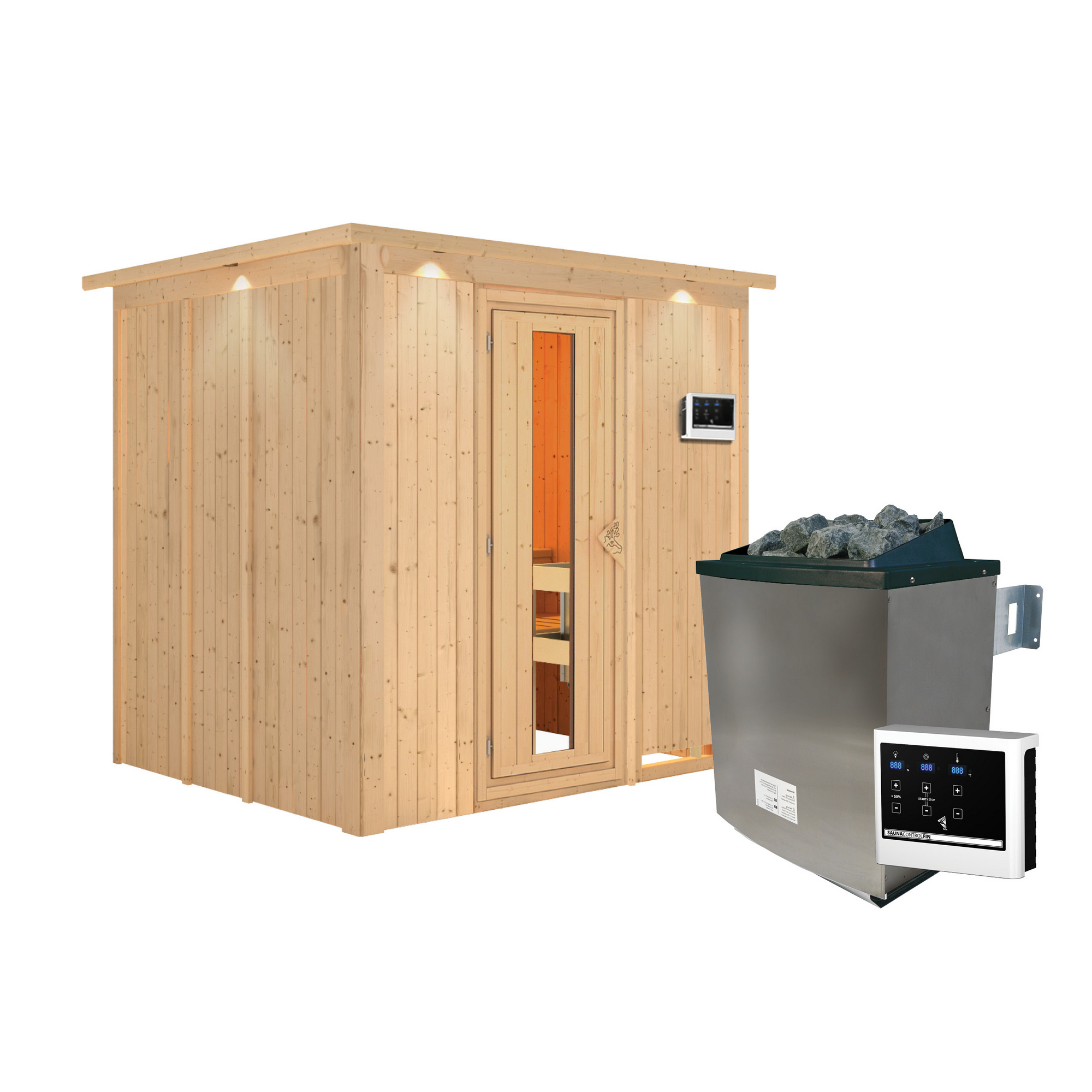 Elementsauna 'Alejandra' naturbelassen mit Kranz und Energiespartür 9 kW Ofen externe Steuerung Easy 210 x 184 x 202 cm