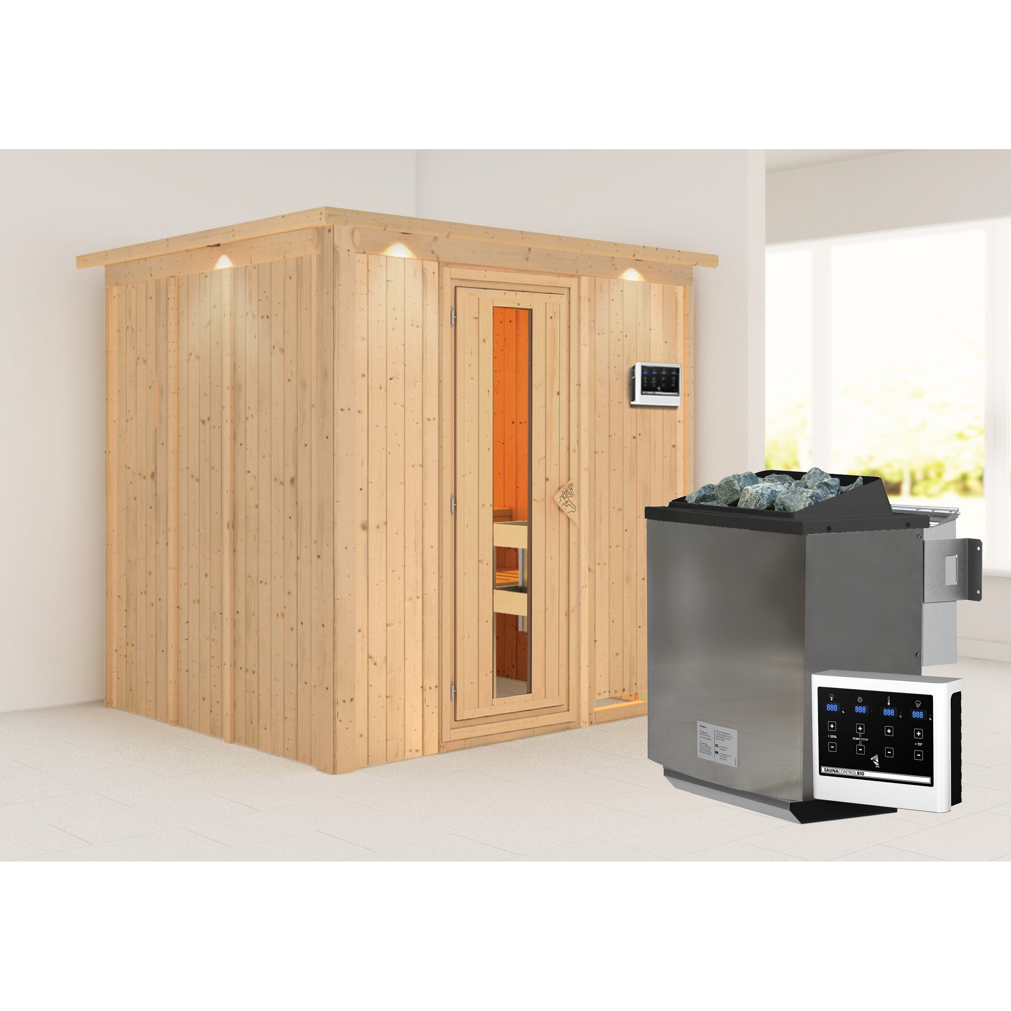 Sauna aus Holz mit Saunaofen und Steuerung