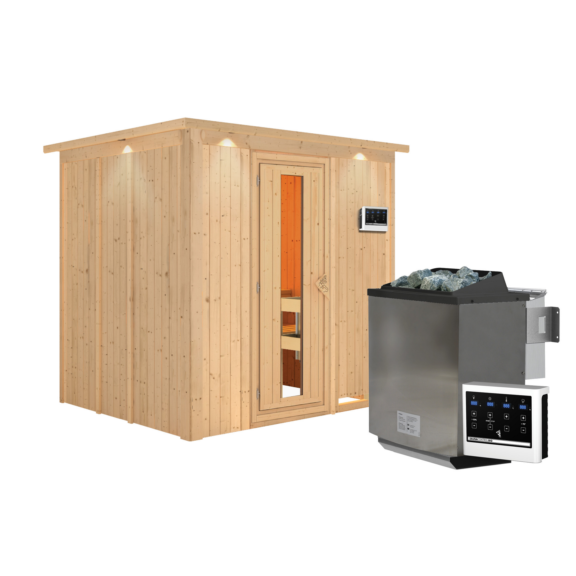 Außenansicht einer Sauna aus hellem Holz mit Saunaofen