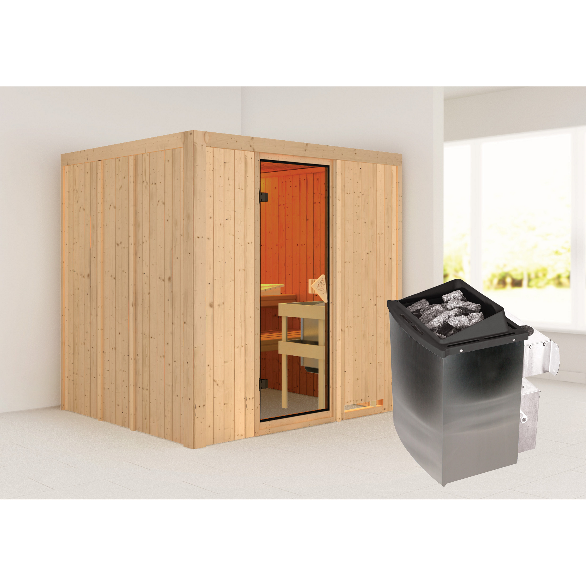 Elementsauna 'Alejandra' naturbelassen 9 kW Ofen integrierte Steuerung 196 x 170 x 198 cm