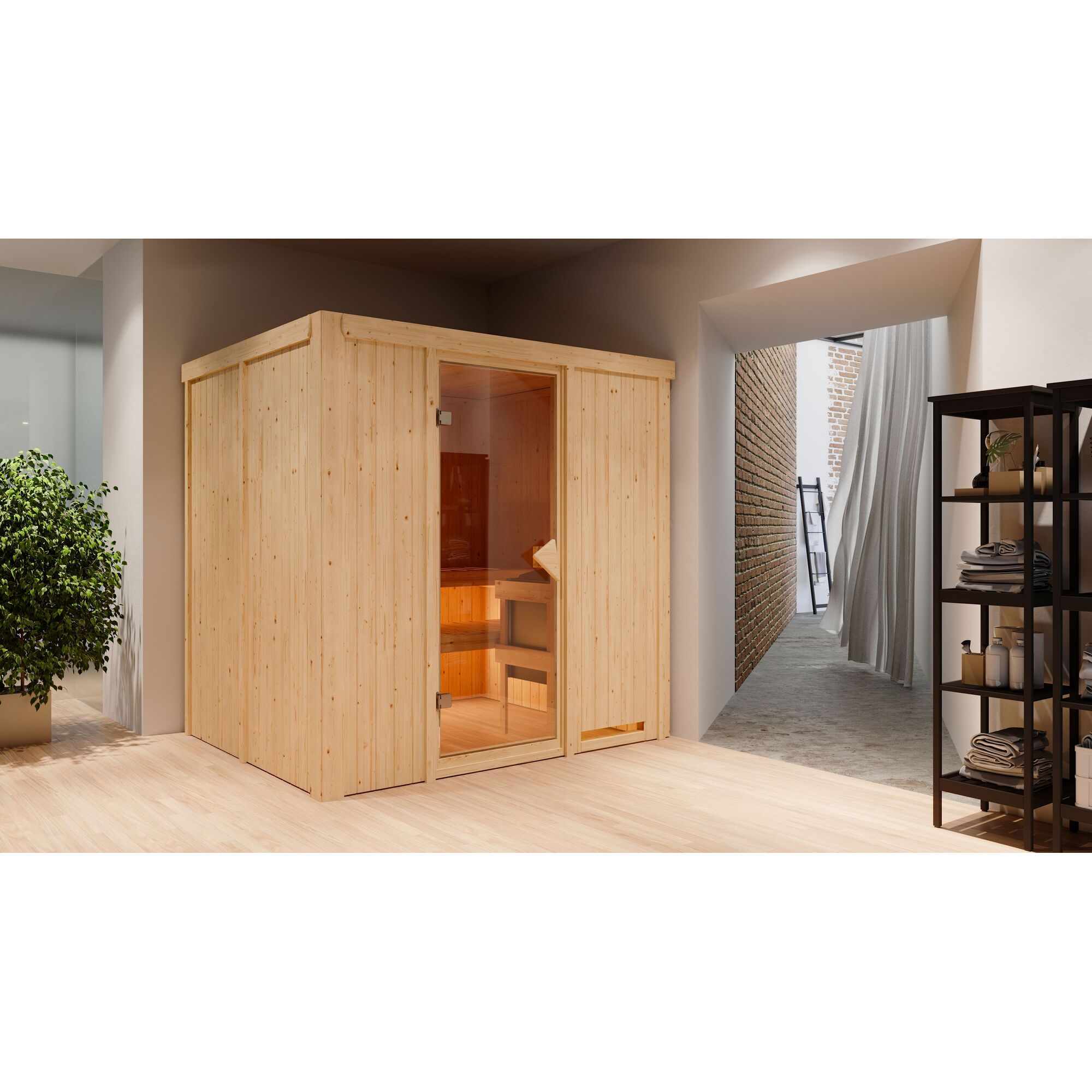 Sauna aus hellem Holz mit Glastür.