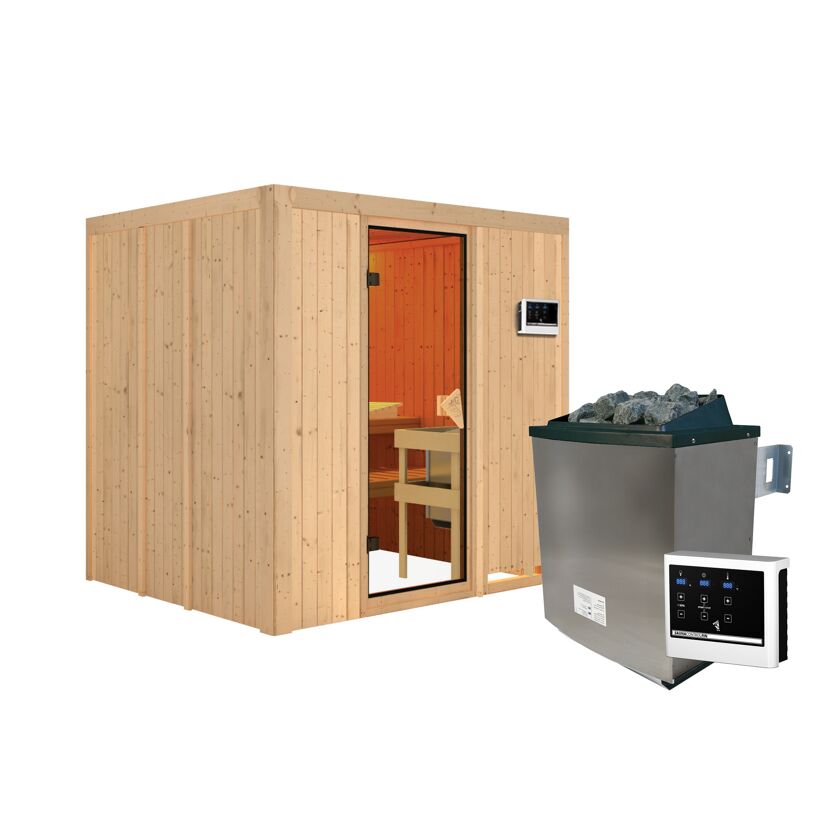 Außenansicht einer Sauna aus hellem Holz mit Saunaofen