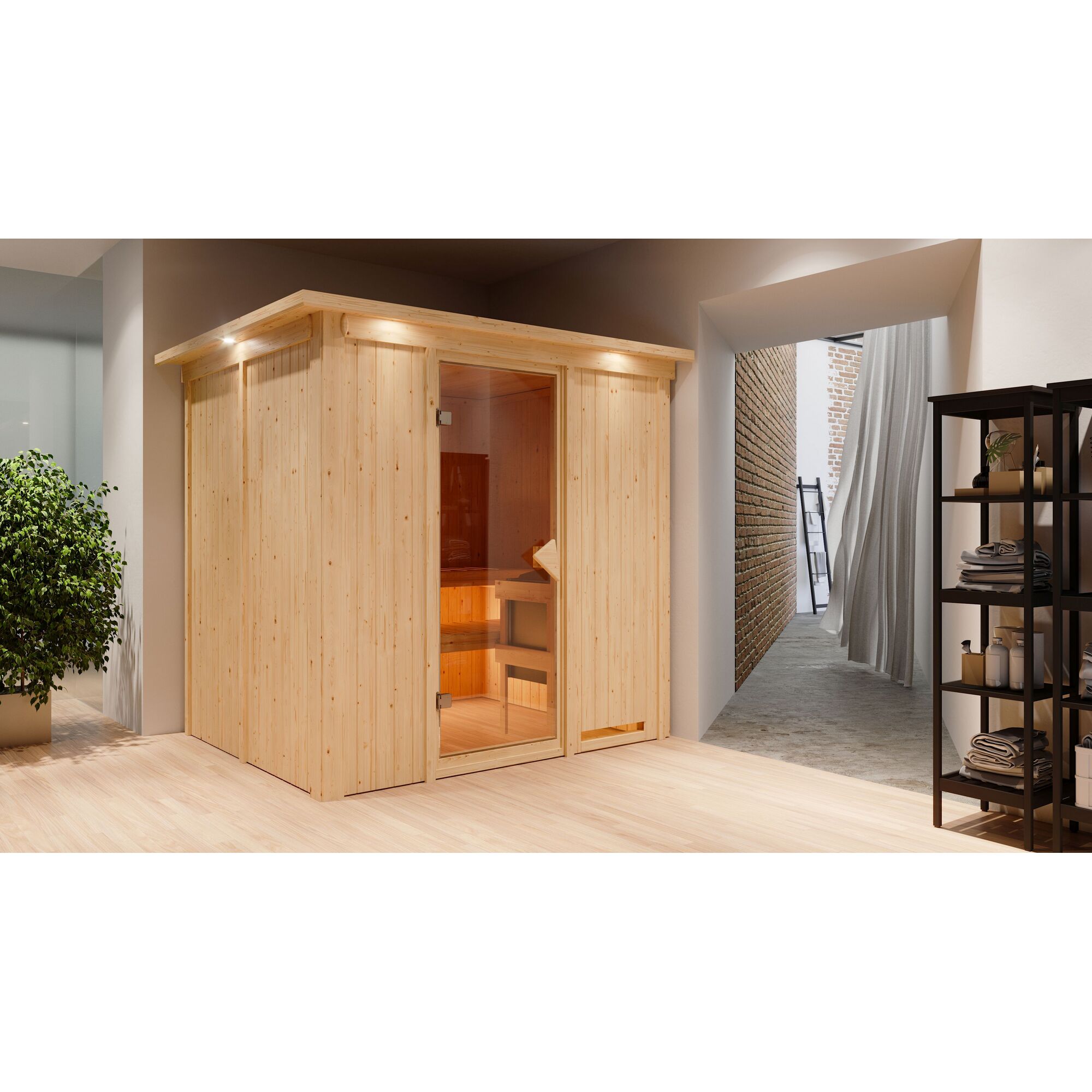 Sauna aus hellem Holz mit Glastür