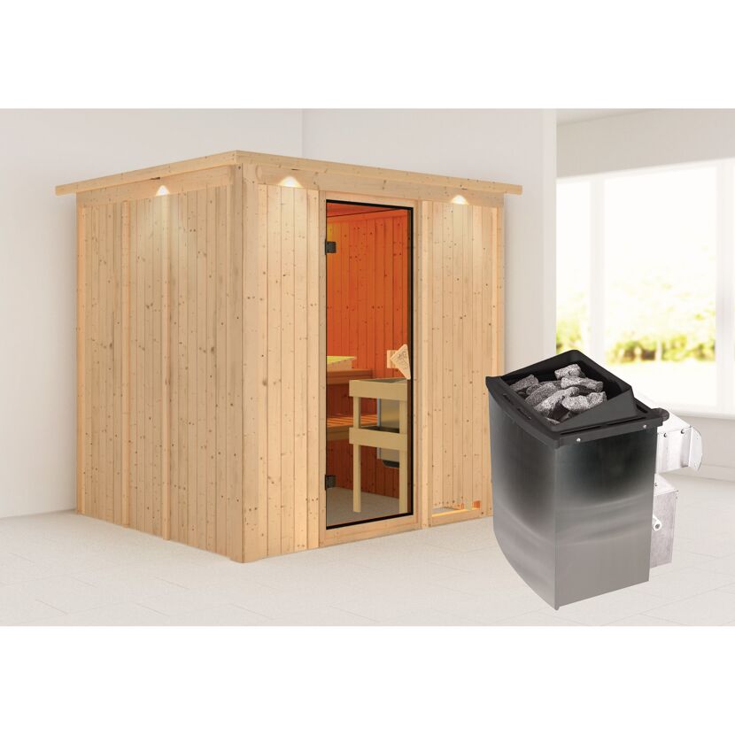 Elementsauna 'Alejandra' naturbelassen mit Kranz 9 kW Ofen integrierte Steuerung 210 x 184 x 202 cm