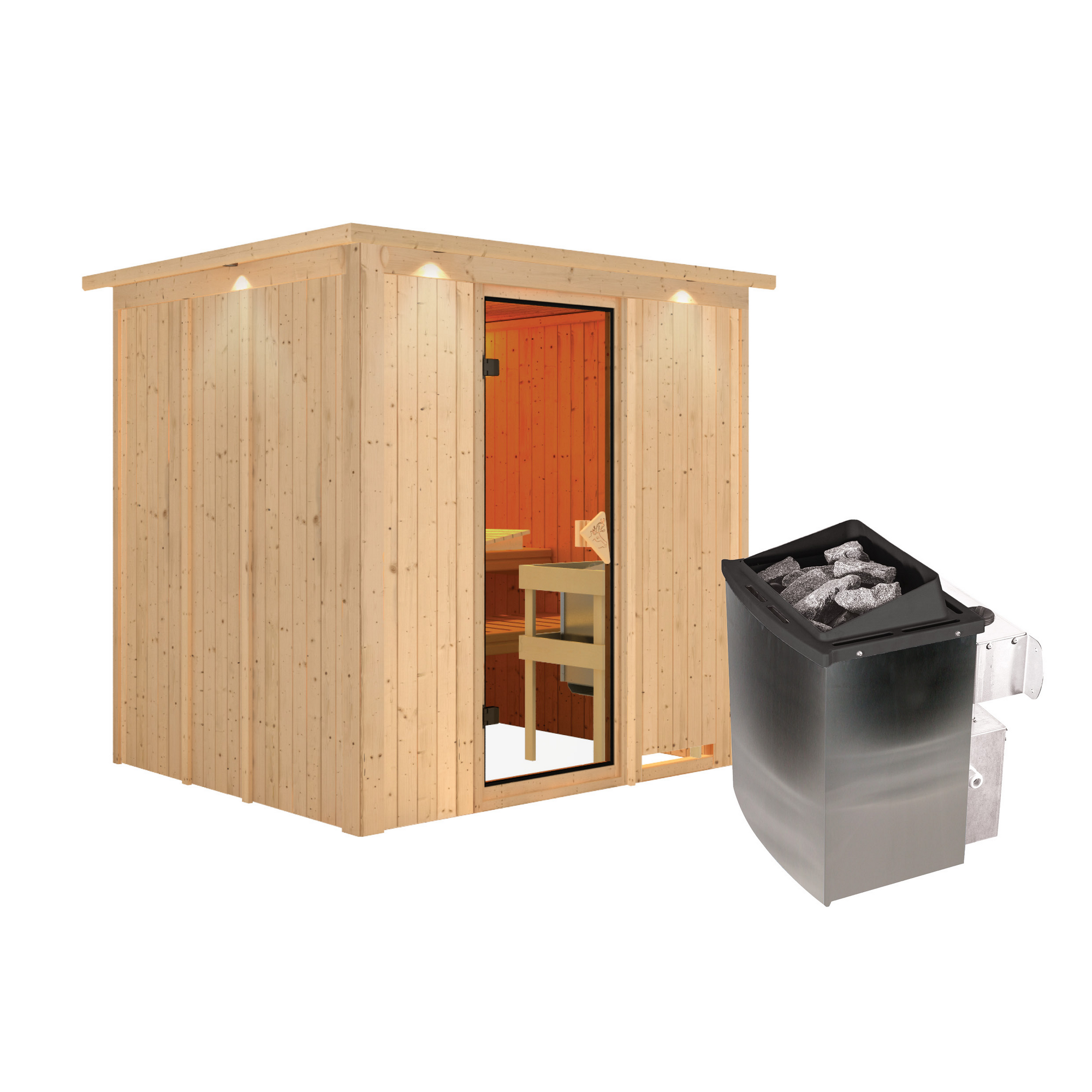 Elementsauna 'Alejandra' naturbelassen mit Kranz 9 kW Ofen integrierte Steuerung 210 x 184 x 202 cm